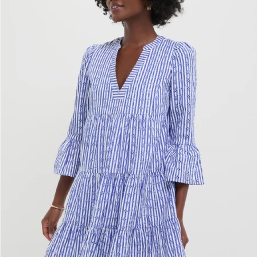 Dry CleanPomander Place Blue and White Striped Short Dress with Eyelet Detailing